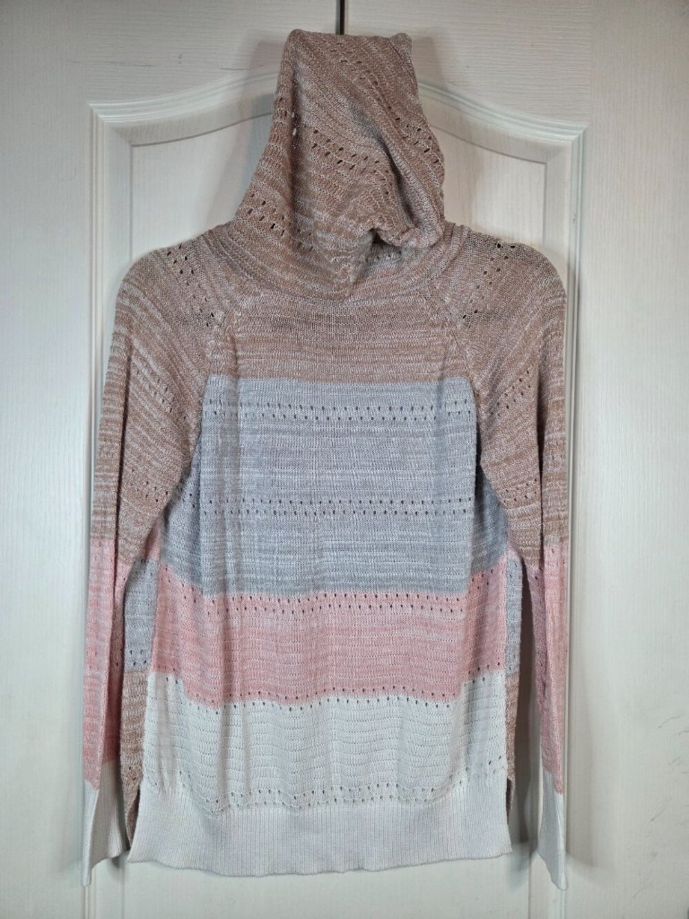 White Pink Gray Tan Striped Lightweight Hoodie Sweater Size XS-S - Picture 4 of 8
